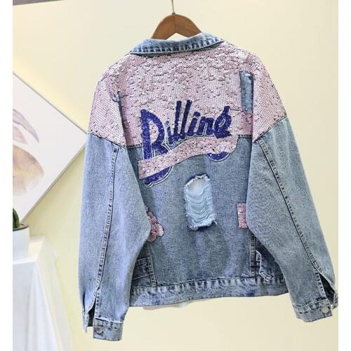 Handwork Letter Embroidery Sequins Denim Jacket Women Student Outwear Loose Short Holes Jeans Jacket Coat Female Chaquetas Mujer