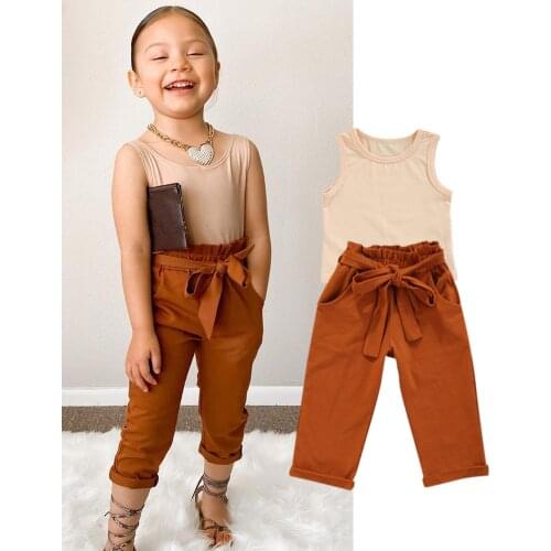 Citgeett Summer Kids Girls Outfit Solid Color Sleeveless Vest + Brown Pants Belt Clothes Set