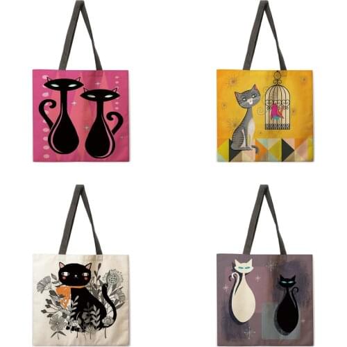 Oil painting line cat tote bag reusable beach bag linen fabric casual tote bag lady one-shoulder foldable shopping bag