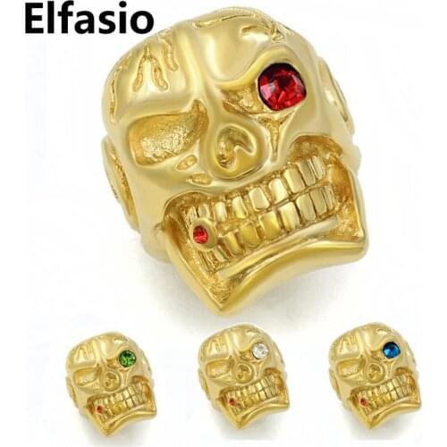 Mens Stainless Steel Gold Ring Band Huge Skull Blue/Red/Green Eye Cigar CZ Biker Fashion Jewelry Us Size 8-15