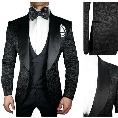 YIWUMENSA Black Jacquard Men Suits Formal Blazer Masculino Custom Made Peaked Satin Lapel Jacket+Vest+Pants 3 Pieces Set Tuxedos