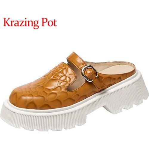 Krazing Pot new genuine leather round toe high heel fasteners energy thick bottom solid young lady slip on mules women pumps L55