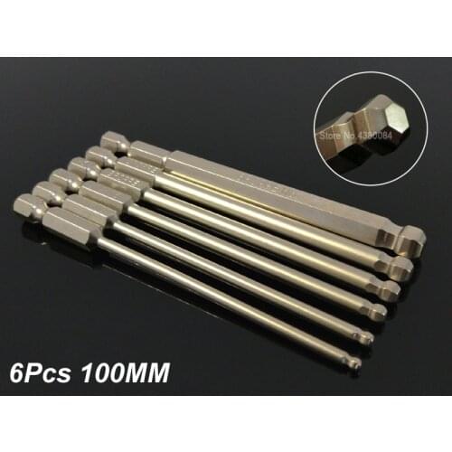 6Pcs Set 100MM Magnetic Spherical/Ball Inner Hexagon Screwdriver Drill Bits 1/4" Hex Shank Screw Driver Bits Tool S2 Alloy Steel