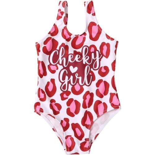 Brand New Kids Toddler Summer Swimsuit Baby Girls Sleeveless Letter Leopard Print U-shaped Neck Swimwear for 2-8T