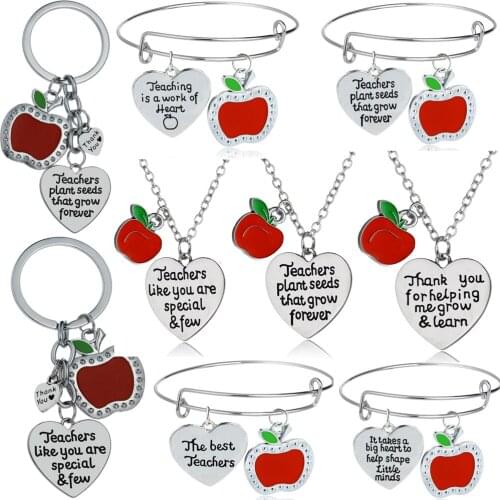 Apple Necklace Love Heart Pendant Chain Necklace For Women Men Gifts For Teachers Jewellery Presents For Teacher Charm Thank You
