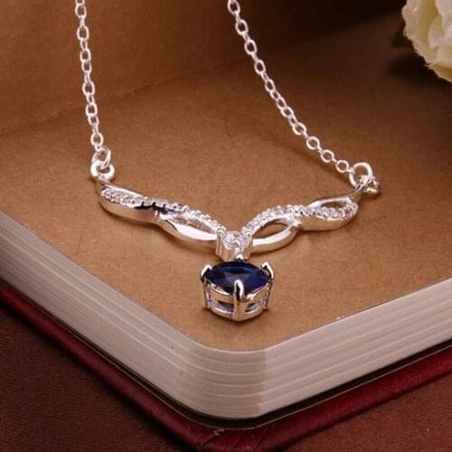 Necklaces Silver Plated Necklace Silver 18 Inches Chain Pendant Necklaces Womens Blue Crystal Jewelry Free Shipping dsas LN534