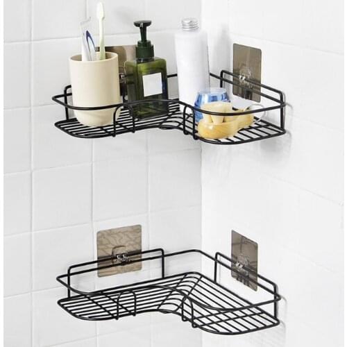 Bathroom Shelf Bathroom Corner Punch Free Fixtures Wrought Iron Storage Rack Kitchen Seamless Paste Wall Mounted Shelf Tripod