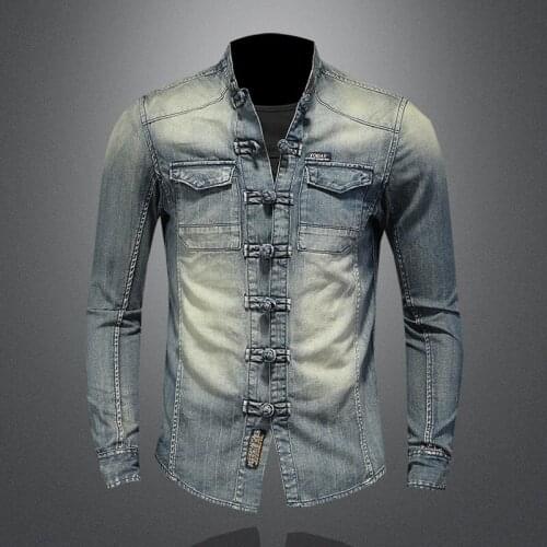 Mens Denim Cheongsam Clasp Shirts Stand Collar Long Sleeve Casual Buttons Front Shirt F1
