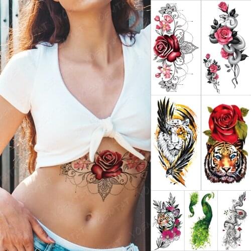 Sexy Waterproof Temporary Sleeve tatooo Stickers Red Rose Flower Jewelry Neck Chest tatoos Body Art Fake Transfer tatoo Women