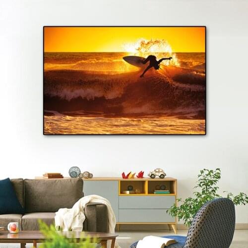 Surfing Waves Canvas Paintings On The Wall Posters And Prints Sunset Scenery Seascape Wall Pictures For Living Room Decor