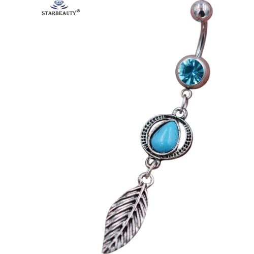 Starbeauty Lake Blue Crystal Belly Ring Heart Navel Piercing Ombligo Long Tassel Retro Leaf Belly Button Rings Summer Jewelry