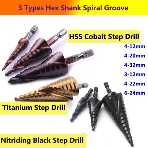 3-12/4-22/6-24mm Hex Shank HSS Cobalt Step Drill Bit 4-12/20/32mm Nitride/ Titanium Coated Spiral Groove Step Cone Drill Bits
