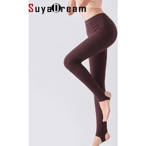 SuyaDream Women Autumn Winter Silk Long Johns Lace V neck Solid Knitted Thermal Pants 2019
