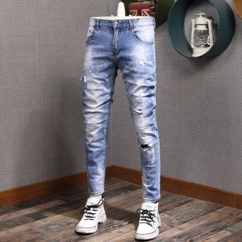 Fashion Streetwear Men Jeans High Quality Retro Light Blue Elastic Cotton Ripped Jeans Men Painted Designer Slim Hip Hop Pants