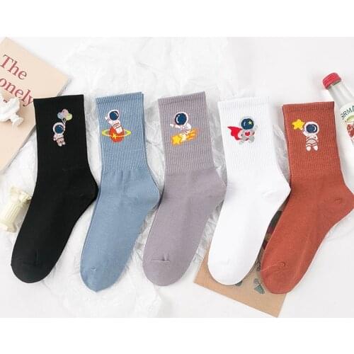 Spring Towards the Galaxy Socks Women Cartoon Astronaut Series Japanese Cute Cotton Middle tube Morandi Color Ladies Crew Socks