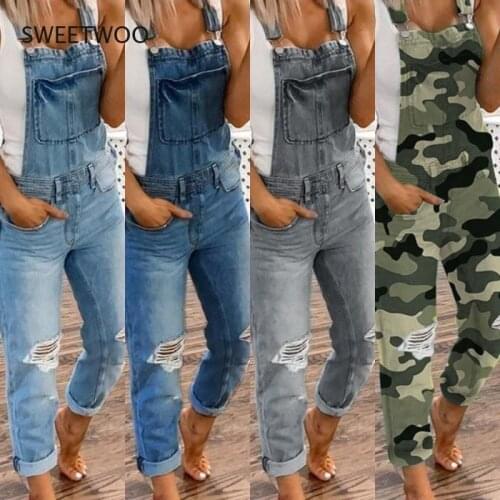 2021 Summer Denim Jumpsuit Overalls Womens Sports Double Shoulder Straps with Holes In Casual All-Match Overalls
