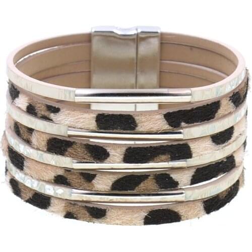 Magnetic Clasp Leopard Leather Bracelet For Women bohemia Bracelets & Bangles Elegant Multilayer Wide Wrap Bracelet Jewelry