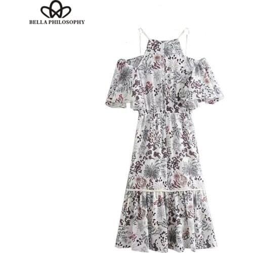 Bella Philosophy Bohemian Style Floral Print Dress Sexy Strapless Collar Sling New Elegant Womens Summer Holiday Beach Dress