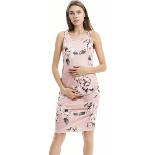 Womens Maternity Bodycon Floral Print Casual Sleeveless Mama Dress Maternity Tank Top Pregnancy Dress