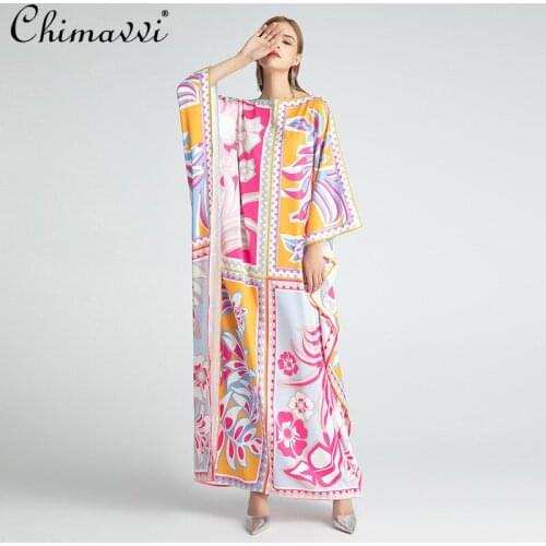 Plus Size Floor-length Dress Feminine 2021 Spring Fashion Round-Neck Batwing Sleeve Printed Dress Loose Temperament Lady Robe