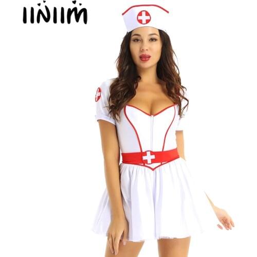 Women Adults Naughty Nurse Halloween Party Exotic Costumes Sweetheart Neckline Short Sleeves Tutu Dress with Headband and Belt