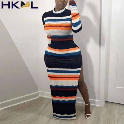 Women Dress Round Neck Slit Long Sleeve Knit Ribbed Striped Fashion Tight Elegant Party Dress Fall Winter