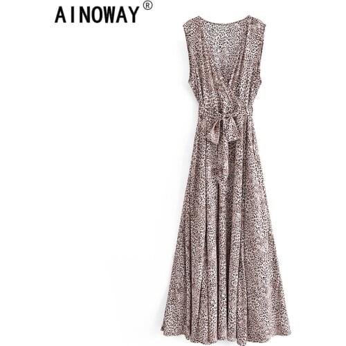 Vintage chic women Leopard print sleeveless beach Bohemian maxi dress Ladies cross v-neck Split rayon floor-length Boho sundress