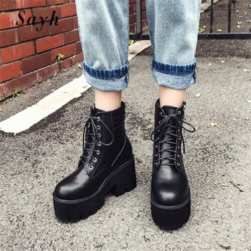 Winter Women Rock Punk Ankle Boots Platform Chunky Boots Lace Up Chelsea Boots Zipper Pu Leather Shoes SIZE PLUS