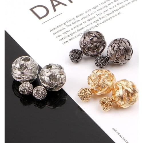3 Pairs Metal Wire Wrapped Double Sided Ball Earrings Set Fashion Jewelry E56A