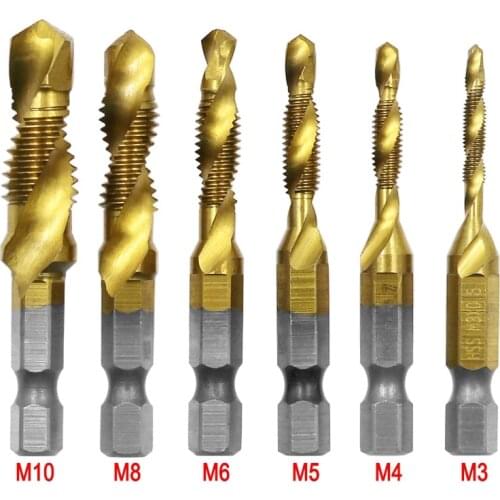 6Pcs M3-M10 Hex Shank Titanium Plated HSS Screw Thread Metric Tap Drill Bits