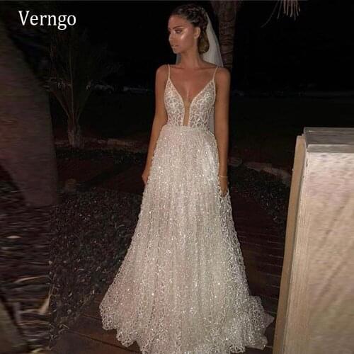 Verngo Shiny Lace A Line Wedding Dress Sexy Spaghetti Straps Backless Floor Length Bridal Gowns Long Formal Party Dress