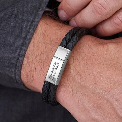 Personalized Engraved Bracelet With Stainless Steel Magnet Clasp and Black Genuine Leather For Dad Fathers Day Men Jewelry