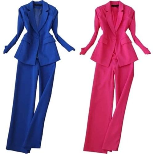 Pant Suits Women Autumn New High quality spring one button fashion slim long sleeve small suit straight wide leg pants two sets