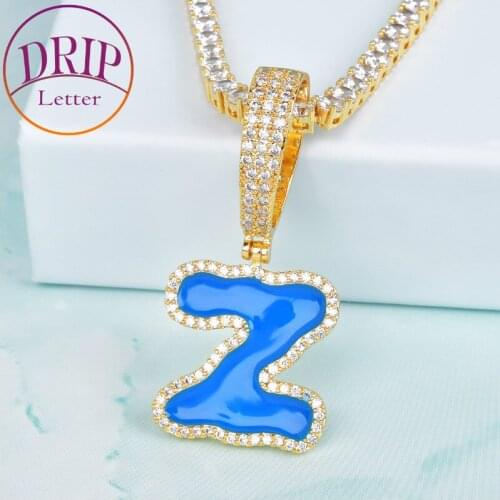 Solid Back Single Blue Oil Letters Pendant 4mm Tennis Chain Necklaces For Men Women AAAA Cubic Zircon Hip Hop Jewelry