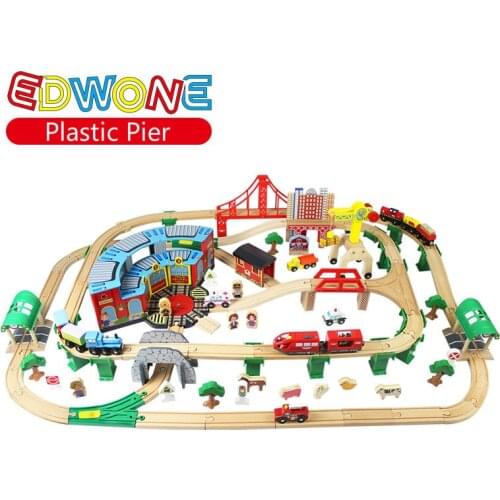 EDWONE 168PCS/Set Big Set Magnetic Electric Train Track Set Beach Wood Wooden Railway Track fit Bior Xmas Gifts For Kids