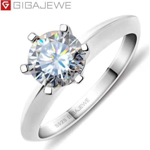 GIGAJEWE 1.0ct 6.5mm EF Round 18K White Gold Plated 925 Silver Moissanite Ring Diamond Test Passed Jewelry Woman Girlfriend Gift