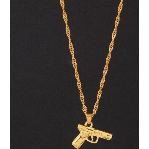 Hiphop Streetwear Gold Color Gun Shape Pendant Necklace Wave Chain Women Men Necklaces Jewelry