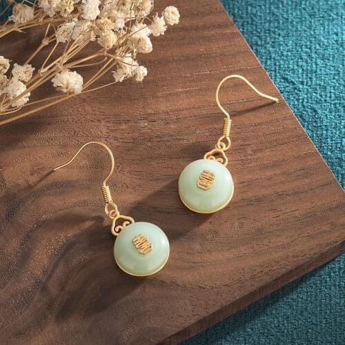 Chinese Style Women Drop Earrings Green Chalcedony Auspicious Xi Pendant Amulet Dangle Earring Lucky Gift for Lady