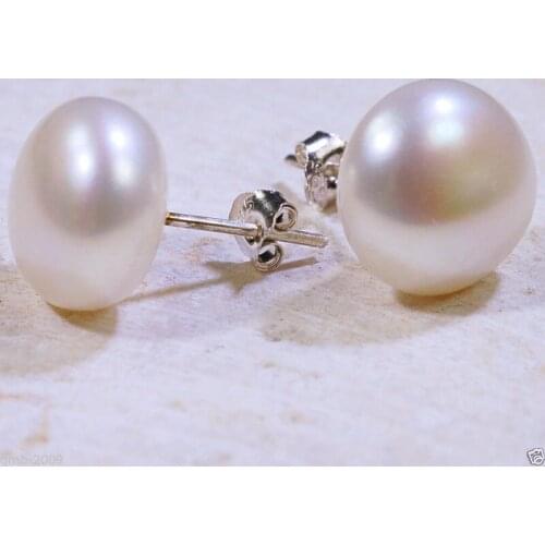 Beautiful 9-10mm White Natural Freshwater Pearls Silver Stud Earrings