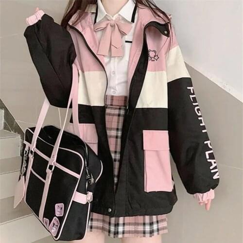 Japanese preppy style sweet jacket female Harajuku jk kawaii casual loose long-sleeved hooded coat autumn Oversized outerwear
