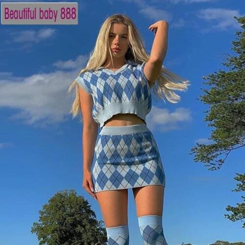 Meqeiss autumn Check pattern sweater top skirts 2 two piece sets for women basic sweet College style street casual suits female