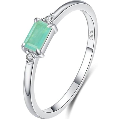 Genuine 925 Sterling Silver Green Rectangle Zircon Rings Thin Geometric Ring Simple Jewelry for Women Fine Jewelry