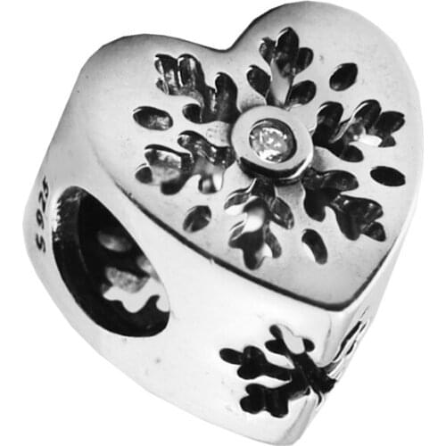 QANDOCCI Fits For Pandora Charms Bracelets Snowflake Heart Beads with Clear CZ 100% 925 Sterling-Silver-Jewelry 2017 Winter
