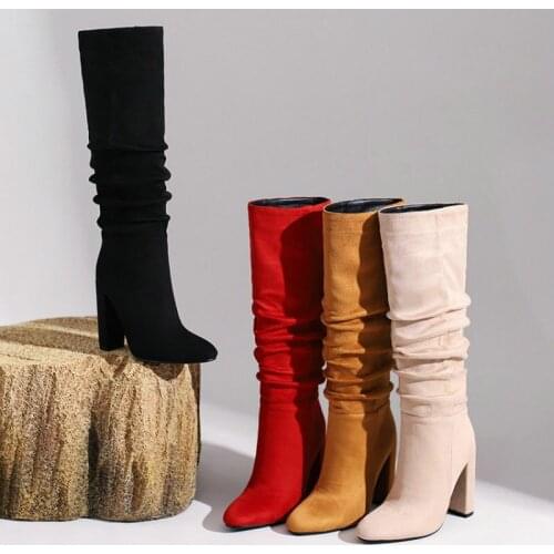 ZawsThia 2021 Sexy Winter Autumn Nude Faux Suede Pleated Design Block High Heels Womens Shoes Red Woman Knee High Modern Boots