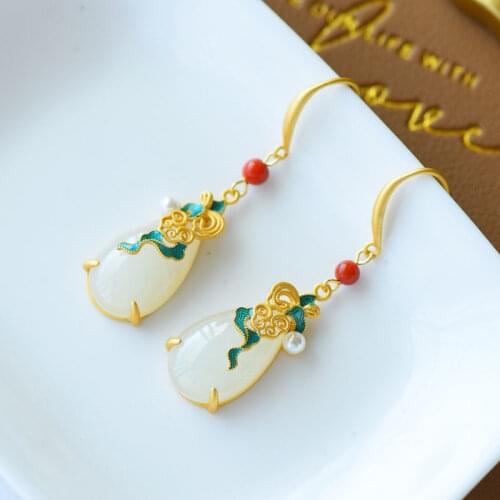 Ethnic Style Earrings Sterling Silver Cloisonne Inlaid Hetian Jade Water Drop Earrings Womens Long Classical Temperament to Giv