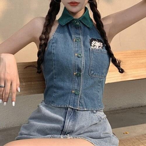 2021 womens summer new spice girls denim embroidered camisole slim retro neck jacket tide womens clothes cropped top