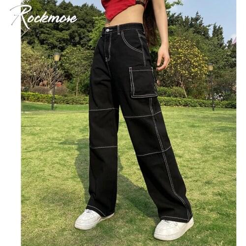 Rockmore High Waist Jeans Woman Bright Line Wide Leg Denim Boyfriend Streetwear Harajuku Pockets Plus Size Straight Pants Jogger