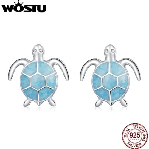WOSTU Real 925 Sterling Silver Blue Turtle Stud Earrings Cute Zircon Earrings For Women Fashion Silver Jewelry CQE1035