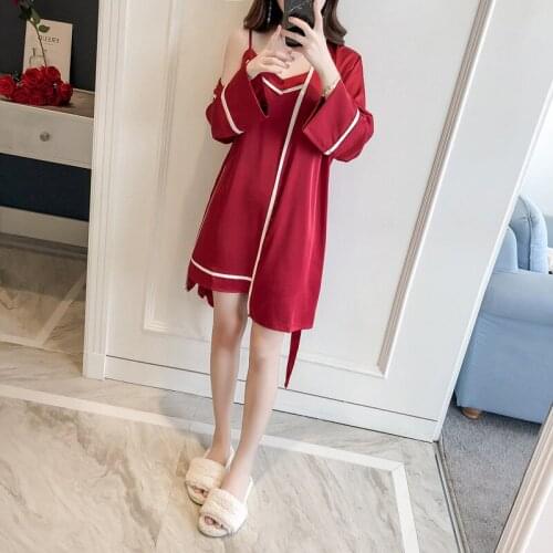Spring Summer Women Satin Inlay Robe & Gown Sets Sexy Sleep Lounge Long Sleeve Silk Nightwear Bathrobe+sleeveless nightdress