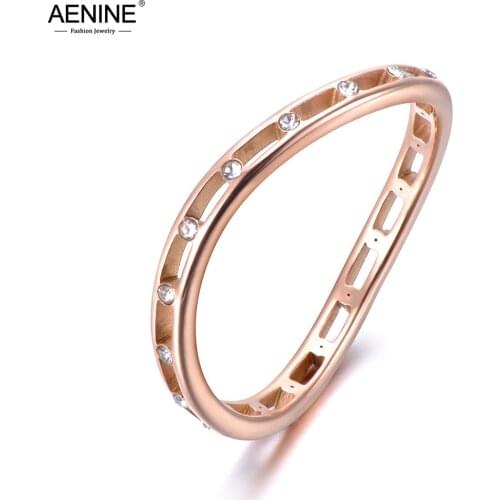 AENINE Fashion Tension Setting CZ Crystal Anniversary Rings Jewelry For Women Girl Rose Gold Stainless Steel Curved Ring AR19018